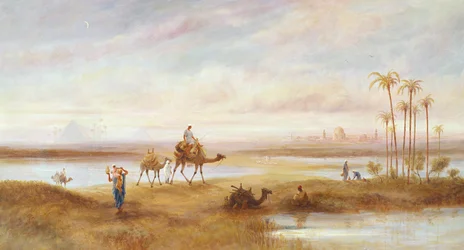 Figures and camels at an oasis